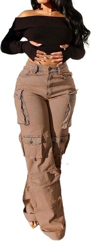 Vaceky Cargo Jeans Women High Waisted Straight Leg Baggy Y2K Denim Fall Winter Pants with Pockets Streetwear in Kuwait