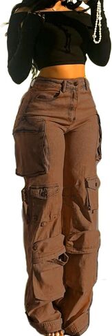 Vaceky Cargo Jeans Women High Waisted Straight Leg Baggy Y2K Denim Fall Winter Pants with Pockets Streetwear in Kuwait