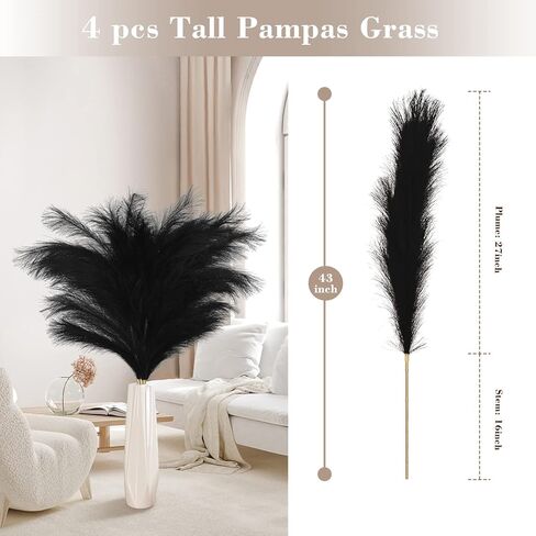 BLEUM CADE 4pcs 43 "/3.6FT عشب بامباس صناعي، أسود طويل القامة عشب بامباس لمزهرية الأرضية، بوهو الاصطناعي بامباس ديكور العشب، وهمية العشب أبهى رقيق حشو زهرية لغرفة المنزل ديكور بوهو in Kuwait