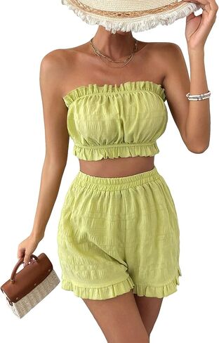 OYOANGLE Women's 2 Piece Outfits Sleeveless Strapless Frill Trim Ruched Tube Top and Elastic Waist Shorts Set in Kuwait