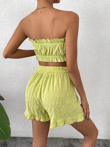 OYOANGLE Women's 2 Piece Outfits Sleeveless Strapless Frill Trim Ruched Tube Top and Elastic Waist Shorts Set in Kuwait