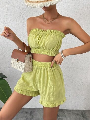 OYOANGLE Women's 2 Piece Outfits Sleeveless Strapless Frill Trim Ruched Tube Top and Elastic Waist Shorts Set in Kuwait