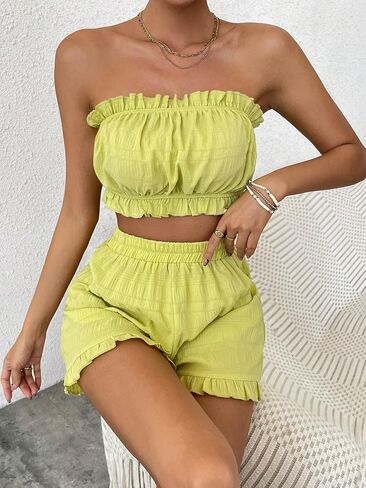 OYOANGLE Women's 2 Piece Outfits Sleeveless Strapless Frill Trim Ruched Tube Top and Elastic Waist Shorts Set in Kuwait