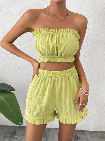 OYOANGLE Women's 2 Piece Outfits Sleeveless Strapless Frill Trim Ruched Tube Top and Elastic Waist Shorts Set in Kuwait