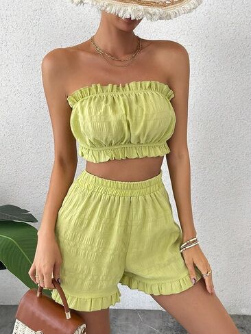 OYOANGLE Women's 2 Piece Outfits Sleeveless Strapless Frill Trim Ruched Tube Top and Elastic Waist Shorts Set in Kuwait