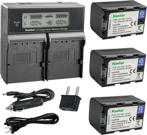 Kastar 2-Pack SSL-JVC50 Battery and CH04 LCD Dual Fast Charger Compatible with JVC GY-HMQ10, GY-HMQ10E, GY-LS300, GY-LS300CHU, GY-HM200, GY-HM200U, GY-HM200HW, GY-HM200SP, GY-HM200SP Sports Camera in Kuwait