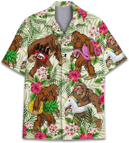 Tropical Bigfoot Hawaiian Shirts for Men Women, Bigfoot Sasquatch Summer Beach Aloha Button Down Short Sleeve in Saudi Arabia