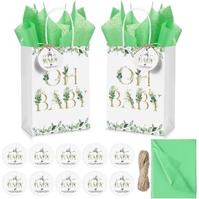PerKoop 50 Pack Baby Shower Paper Bags Gift Bags with Handles White Goodie Bags Baby Shower Treat Bags with Tissue Paper, Tags and Twine for Gender Reveal Neutral Party Return Gift (Floral)