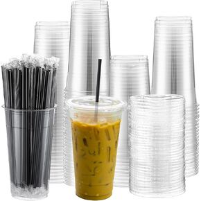 مجموعة 100 كوب بلاستيكي شفاف بوزن 32oz مع أغطية مسطحة وقش، أكواب بلاستيكية PET مع أغطية قش ملون للشرب كوب بلاستيكي للاستعمال مرة واحدة للآيس كريم والمشروبات الباردة وعصير القهوة المثلجة (متعدد الألوان) in Saudi Arabia
