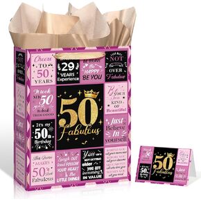 Yoirrat Purple Black 50 and Fabulous 50th Birthday Gift Bag for Women Men Large Happy 50th Birthday Gift Bag with 50th Birthday Wrapping Paper and Card for 50th Birthday Decorations Party Supplies