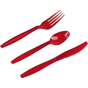 96 Pieces Red Plastic Silverware Set with Spoons, Forks, and Knives for Parties, Birthday, Dinnerware Supplies (Serves 32) in Kuwait