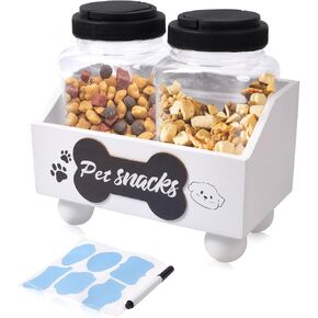 Dog Cat Treat Container with 2 Jars, Pet Food Storage Containers for Dog, Cat, Bird and Other Pet Treat Storage Bin, Suitable for Storage Snacks, Biscuits, and Bones(Black)