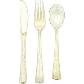 180PCS Rose Gold Plastic Silverware Set, Disposable Glitter Gold Cutlery, Flatware Set, 60 Gold Forks, 60 Gold Spoons, 60 Gold Knives, Valentine's day Fancy Party Utensils
