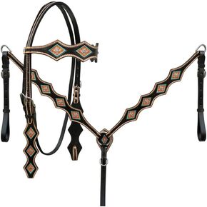Horse Western Basket Weave Tooled Leather Bridle Breast Collar Tack Set 78RS0311