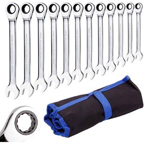 Ratchet Spanner Set Combination Wrench 12 Piece Metric Sizes from 8mm to 19mm with Roll Bag, Perfect for Home, Bike, Car Repairs