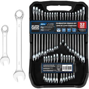 32 Piece SAE & Metric Combination Wrench Set, Ratchet Wrenches Set of 20PCS Long Wrenches and 12PCS Stubby Wrenches, Open End and 12-Point Box End, CR-V Steel Mirror Chrome Polished