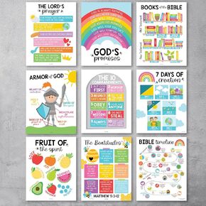 Hadley Designs Sunday School Decorations for Classroom – 9 Bible Posters for Kids, 11x14in Books of the Bible Poster, 10 Commandments, Fruits of the Spirit & More – Colorful Christian Classroom Decor