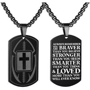 Football Cross Dog Tag Necklace for Men Boys Inspirational Bible Verse Pendant Stainless Steel Chain 22+2 inch Football Sports Jewelry Religious Gift for Son