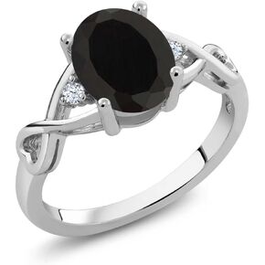 Gem Stone King 925 Sterling Silver Black Onyx and White Topaz Engagement Ring For Women (2.05 Cttw, Oval 9X7MM, Gemstone Birthstone, Available In Size 5, 6, 7, 8, 9)
