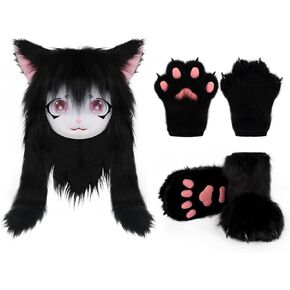 Cat Paw Mittens Gloves Fluffy Slippers Fursuit Cut Mask Halloween Cosplay Costume Accessories Set for Teens Adults