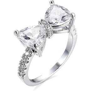 Fashion Bow Tie Ring Heart Cubic Zirconia Bowknot Anniversary Wedding Engagement Ring White Gold Plated CZ Eternity Rings for Women