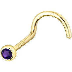 Jewelry Avalanche Solid 14K Gold Nose Screw Stud Bezel Set Amethyst 22G Cork-screw Nose Stud - 14K White Gold / 14K Yellow Gold February Birthstone Nose Ring Stud