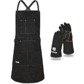 LeaSeek Leather Welding Apron,Heat & Flame-Resistant Heavy Duty Work Apron with 6 Pockets,Woodworking Shop Apron