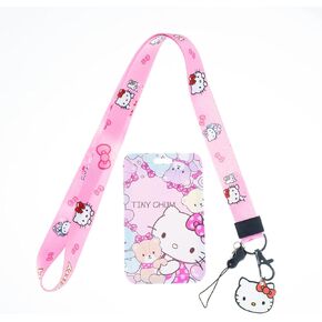 Cartoon Lanyard ID Holder Kawaii Cat Key Card Cute Badge Holder with Lanyards for Girls Women Gift (Pink)
