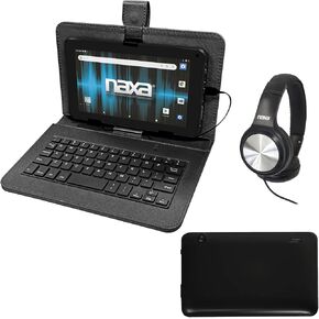Naxa NID-7056 Android 11 Tablet with 7" HD TN Screen USB Keyboard Case and Headphone, 1.6 GHz Quad Core Processor, 2GB Ram, 32GB Storage, Front and Rear Cameras, Speaker and Microphone, Black