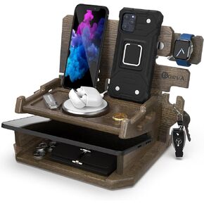 BARVA Gifts for Men Dad Birthday Ideas Wood Docking Station 2 Phone Nightstand Organizer Table Charging Dock Multi Watch Charging Stand Wallet Key Gadget Device Bedside Holder Bedroom Desk Accessories