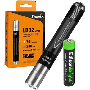 Fenix LD02 V2.0 70 lumen neutral white/UV pen-type LED flashlight bundle with AAA EdisonBright battery