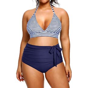 Daci Women 2 Piece Plus Size Bikini Swimsuit High Waisted Bottom Ruched Tie Knot Bathing Suit