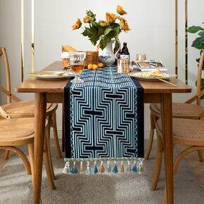 HOMMES 13 x 90 inches Rustic Linen Table Runner Farmhouse Style Table Runners, Long Embroidered Table Runner with Hand-Tassels for Party, Dresser Decor(Pattern 7, 13"X90"(6-8 Seats))