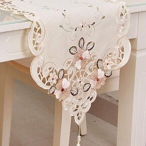 15 Inch X 77 Inch Classic Embroidered Lace Long Table Runner Washable Fabric Table Top Floral Home Party Decoration - Beige Flower