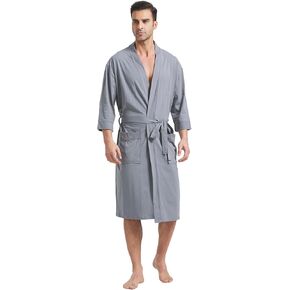 FashGudim 100% Ice Cotton Knit Robe for Men Lightweight Summer Robes Thin Kimono Bathrobes Knee Length