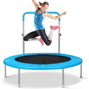 48Inch Rebounder Trampoline for Adults with Adjustable Bar, Mini Fitness Trampoline for Adults and Kids, Small Exercise Trampoline with Handle for Indoor Outdoor Workout, Blue