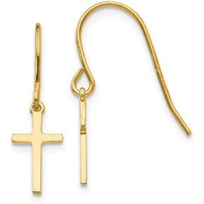 14K Yellow Gold Dangle Cross Shepherd Hook Earrings
