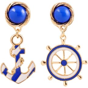 Yacht Anchor Earrings Navy Nautical Ship Wheel Anchor Statement Dangle Drop Stud Earrings Asymmetry Blue Enamel Boat Anchor Dangle Drop Earrings for Women Fashion Jewelry