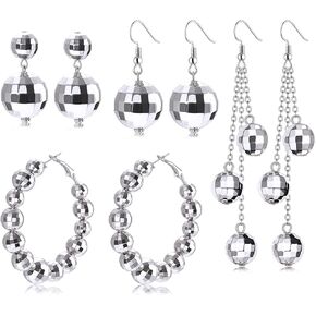 4 Pairs Disco Ball Earrings Sparkly Mirrorball Dangle Hoop Earrings 70s Disco Concert Outfits for Women