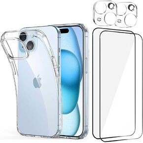 Tempered Glass Screen Protector with Case Clear for iPhone 15 6.1" + Case Clear, 2 Glass Screen Protectors, 2 Camera Lens Protectors, Installation Frames, Scratch-Resistant