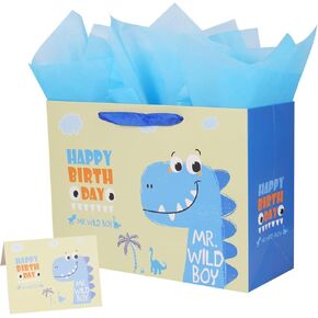 Large Gift Bag for Boys with Tissue Paper for Kids Birthday Party Baby Shower 12.6" - Dinosaur