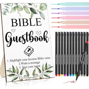 Geelin 19 Pcs Bible Guestbook Sign and Pens Set Greenery Wooden Standing Sign Wedding Guest Book Sign 6 Highlighters for Bible Pages 12 Fine Point Pens for Baby Shower Wedding Bridal Shower Party