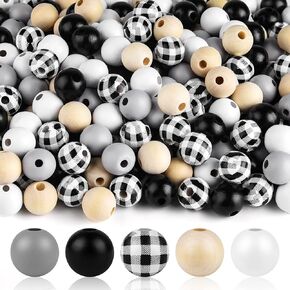 FEPITO 250 Pcs Plaid Wood Beads 16mm Farmhouse Checked Print Wood Beads Natural Buffalo Craft Wood Beads for Decoration Home Decor DIY Craft Supplies