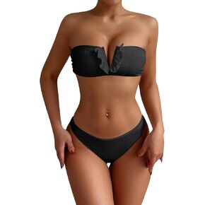 MakeMeChic Women's 2 Piece Bandeau Swimsuit Ruffle Trim Lace Up Bikini Set Strapless Bathing Suits