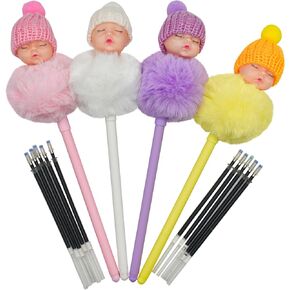 Maydahui 4 PCS Pom Pom Doll Gel Pen With 10 PCS Pen Refills Cute Kawaii Fluffy Ball Pens Sleeping Baby Style Black Ink for Party School Office