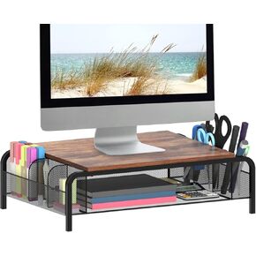 Trwcrt Metal Desk Monitor Stand Riser with Organizer Drawer, Rustic Monitor Riser for Computer, Small Printer, Laptop, Black and Brown