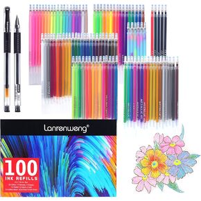 100 Colors Gel Pen Ink Refills, LANRENWENG Glitter Neon Gel Ink Pens Refills Replace Cartridges for Glitter Gel Pens Set,for Adult Drawing Coloring Books Women Gifts