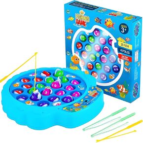 IPIDIPI TOYS Fishing Game for Kids, Hook Fishing Set for Toddlers - Rotating Fish Board with Music, Educational, Fine Motor Skill Activity for Boys and Girls - Blue, 21 Fish, 4 Poles
