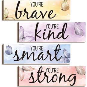 4 Pieces Butterfly Inspirational Quote Wooden Sign Wall Decor Encouragement Gifts for Women Girls Room Decor Rustic Home Decor Motivational Wall Decor for Office Bedroom Nursery Room Living Room