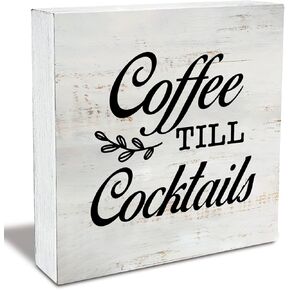 Rustic Coffee Till Cocktails Wood Box Sign Funny Kitchen Bar Wooden Box Sign Farmhouse Home Kitchen Bar Desk Shelf Decor (5 X 5 Inch)